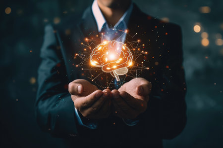 A businessman holding an AI icon with a brain and innovation.の素材
