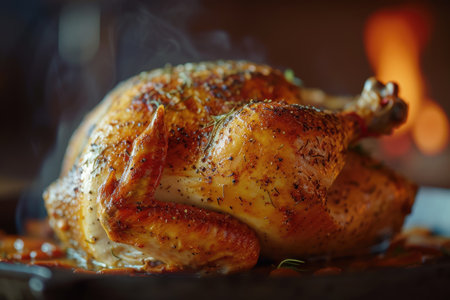 A chicken with a golden color and a crispy skin and a professional overlay on the flip.の素材