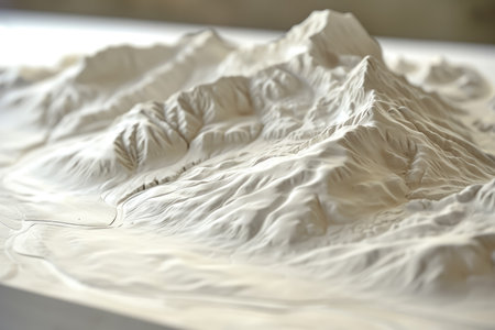 Design a relief sculpture depicting a majestic mountain range, with intricate details of peaks and valleys.の素材