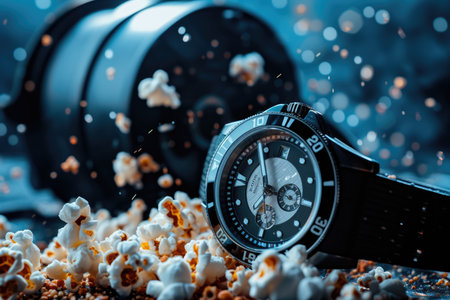 A movie with a black color and a popcorn and a professional overlay on the watch.の素材