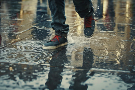 A street dancer, popping and locking, sneakers scuffing against a rain-slicked pavementの素材