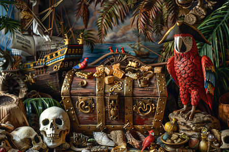 A pirate scene with a ship, a treasure chest, a parrot, and a skullの素材