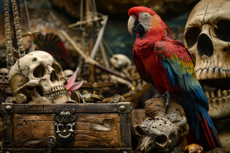 A pirate scene with a ship, a treasure chest, a parrot, and a skullの素材