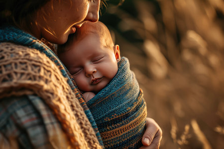 a newborn baby being carried in a sling by his motherの素材