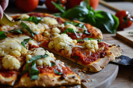 A person eating a low-carb pizza with a cauliflower and a cheeseの素材