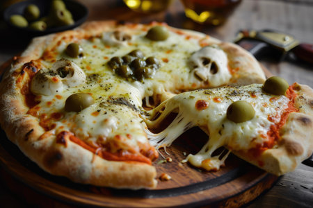 A pizza with a Frankenstein made of cheese and green olivesの素材
