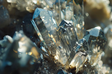 A close-up of crystals, their reflective surfaces catching the light.の素材