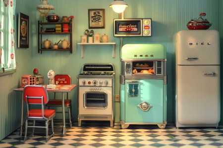 A vintage kitchen with a retro refrigerator, a toaster, a diner table, and a jukeboxの素材