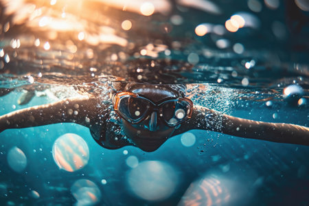 A person swimming in a pool with goggles and a capの素材