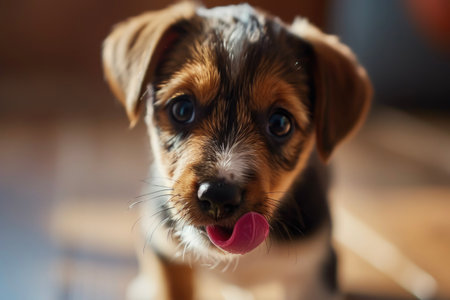 A puppy with a wag and a lickの素材