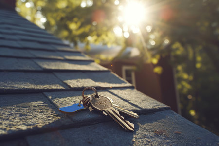 A keychain with a bronze key and a blue tag lying on a windowsill of a brown house with a blue roof.の素材