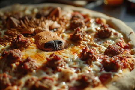 A pizza with a werewolf made of cheese and meatballsの素材