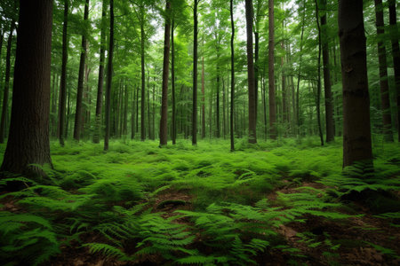 view of a forest with tall trees and a carpet of ferns on the ground.の素材