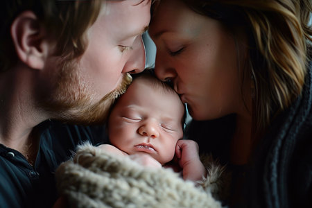 a newborn baby being kissed by his mother and fatherの素材