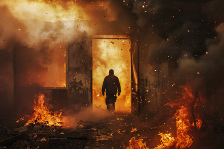 A man trapped in a burning building, looking for a way out, with smoke and flames everywhereの素材