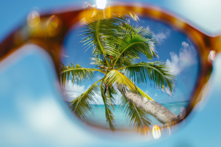 A palm tree reflected in a pair of sunglasses, the unique perspective creating an abstract and summery sceneの素材