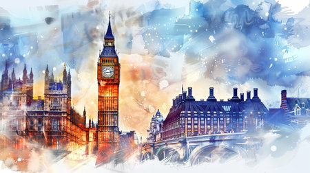 A painting of London with the Big Ben clock tower in the center. The painting is in watercolor and has a moody, dreamy feel to itの素材