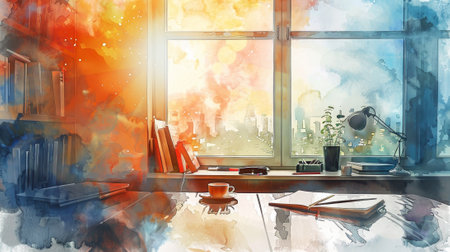 A window with a view of a city and a cup of coffee on a tableの素材