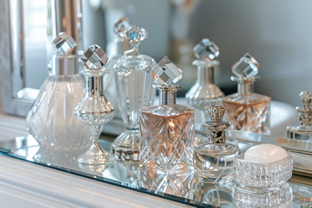 A collection of perfume bottles are displayed on a glass shelf. The bottles are of various shapes and sizes, and they are all lined up in a row. The bottles are made of clear glassの素材