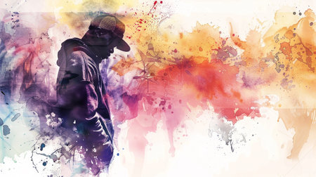 A man is standing in front of a colorful background. The background is a mix of different colors and has a splashy, artistic feel to it. The man is wearing a hat and a hoodie, giving him a casualの素材