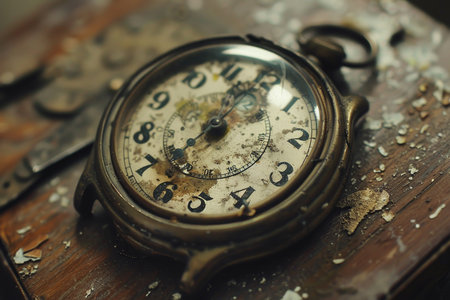 A vintage looking clock with a black face and gold hands. The clock is on a wooden surface and has a few scratches on itの素材