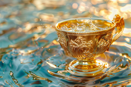 A gold cup is floating in a body of water. The cup is surrounded by ripples and splashes, creating a sense of movement and energy. The water appears to be calmの素材