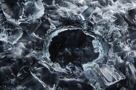 A hole in the ice with a lot of ice shards around itの素材