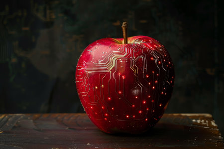 A red apple with a glowing light inside of it. The apple is surrounded by a black backgroundの素材