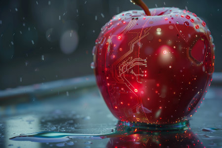 A red apple with a glowing design on it. The apple is surrounded by water droplets, giving it a shiny and reflective appearanceの素材
