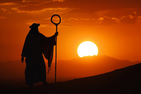 A man holding a staff and standing in front of a sunset. The man is wearing a robe and he is a religious figure. The sunset is orange and creates a warm, peaceful atmosphereの素材