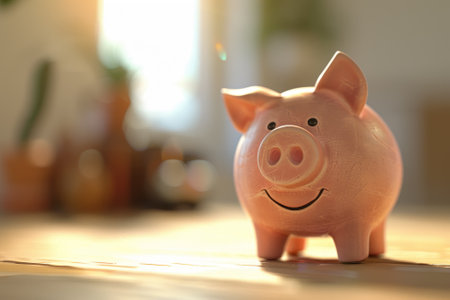 A piggy bank is sitting on a table. The piggy bank is smiling and he is happyの素材