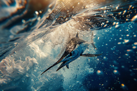 A large fish is swimming in the ocean. The water is clear and the fish is surrounded by bubblesの素材