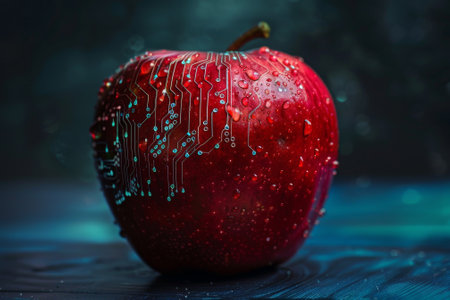 A red apple with a circuit board on it. The apple is wet and shiny. The image has a futuristic and technological vibeの素材