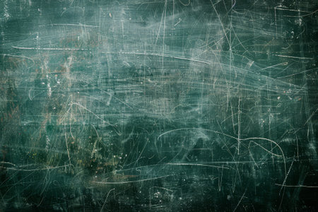 A green chalkboard with a lot of writing on it. The writing is faded and the chalkboard is covered in chalk dustの素材