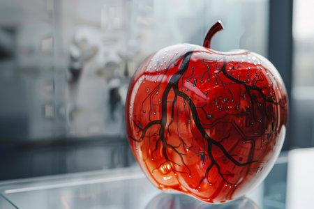 A red apple with a heart on it. The apple is made of glass and has a design of veins on itの素材