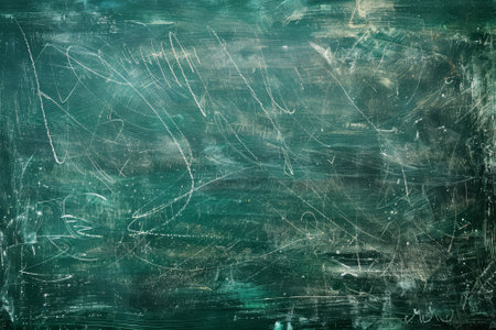 A green chalkboard with white writing and smudges. The writing is faded and the board appears to be used frequentlyの素材