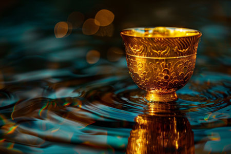 A gold cup is floating on the surface of the water. The cup is surrounded by ripples and reflections, creating a serene and peaceful atmosphereの素材
