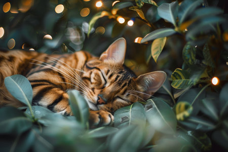 A cat is sleeping in a green bush. The cat is curled up and has its eyes closedの素材