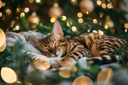 A cat is sleeping on a bed with Christmas decorations around it. The decorations include a tree, a star, and a bunch of balls. The cat is curled up and he is very relaxedの素材