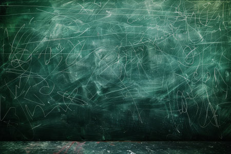 A green chalkboard with a lot of writing on it. The writing is messy and disorganized, giving the impression of a chaotic or unstructured environmentの素材