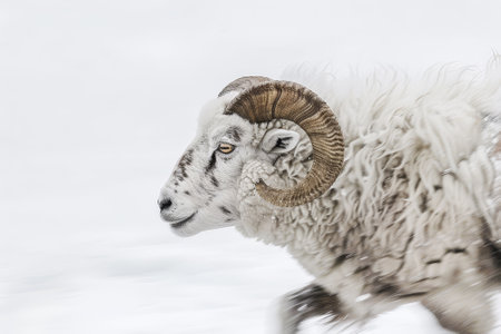 A ram with a white face and brown horns runs through the snow. Concept of movement and energy, as the ram runs through the snowの素材