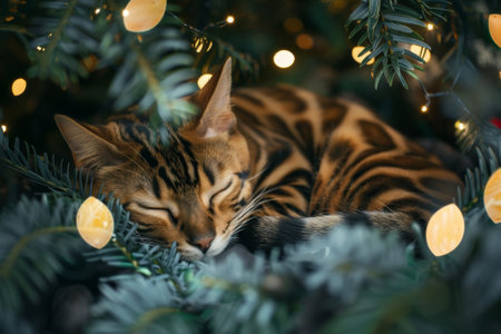 A cat is sleeping in a tree with lights shining on itの素材