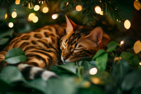 A cat is sleeping in a tree with lights shining on it. The cat is curled up and he is in a peaceful stateの素材