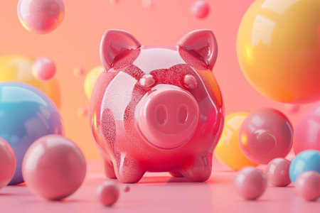A pig is standing in a room full of colorful balls. The pig is pink and has a cute expression. The room is filled with a variety of different colored balls, some of which are larger and some smallerの素材
