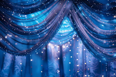 The blue curtains are decorated with glitter and stars, creating a dreamy and magical atmosphere. The curtains are hanging from the ceiling, and the stars are scattered throughout the fabricの素材
