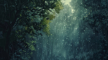 A forest with rain falling on the leaves. Scene is peaceful and calming. The raindrops on the leaves create a serene atmosphere, and the trees provide a sense of shelter and protection from the rainの素材