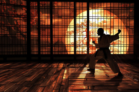 A man in a white uniform is practicing karate in a room with a large tree in the backgroundの素材