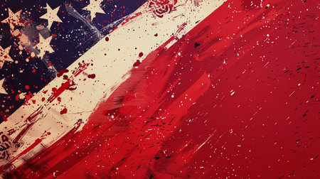 A red, white and blue American flag with splatters of red paint. The splatters are in the shape of starsの素材