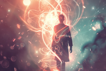 A person wearing a long coat walks through a vibrant, colorful light display at night, immersed in swirling shapes and luminescent energy, creating a surreal atmosphere.の素材