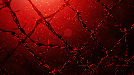 A red background with a red wire fence. The wire fence is full of spikes and is very close to the cameraの素材